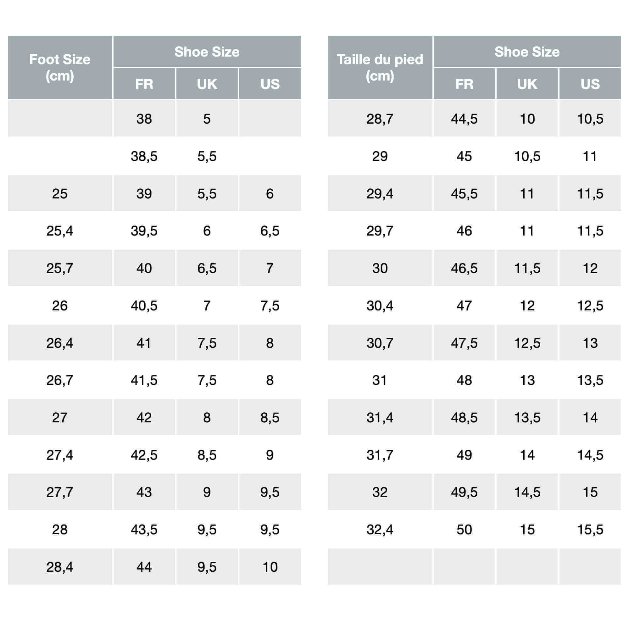 Size on sale chart 43